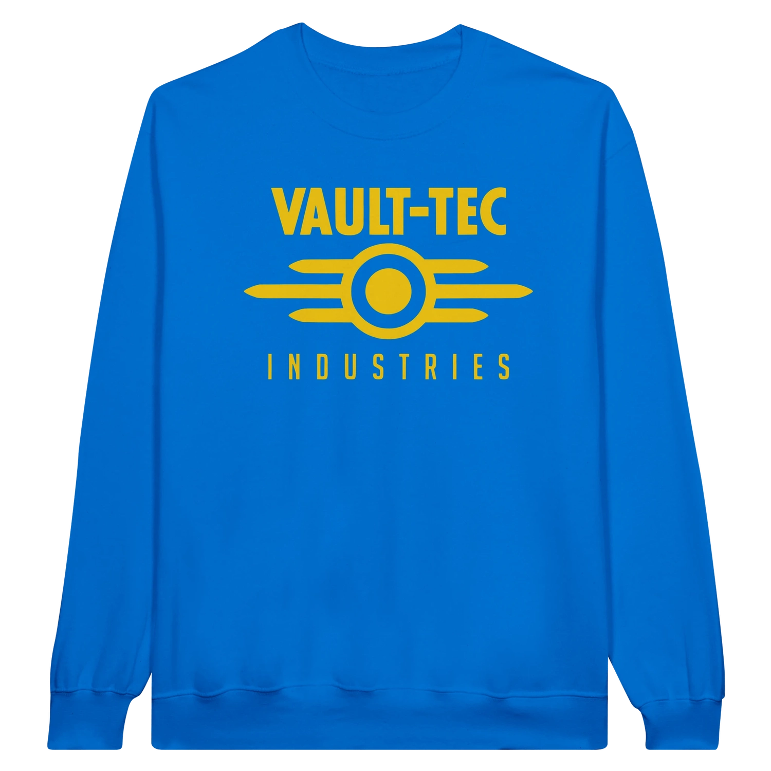 Blue sweatshirt with 'Vault-Tec Industries' text and logo on a white background