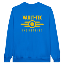 Blue sweatshirt with 'Vault-Tec Industries' text and logo on a white background