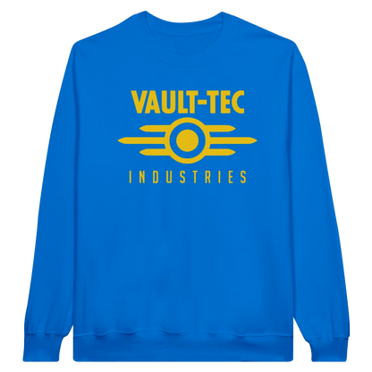 Blue sweatshirt with 'Vault-Tec Industries' text and logo on a white background
