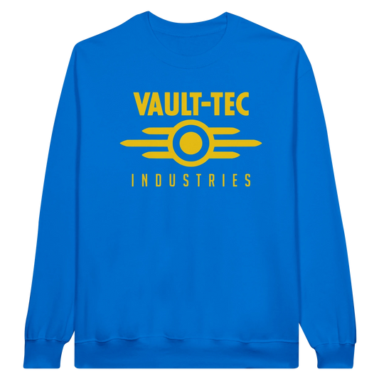 Blue sweatshirt with 'Vault-Tec Industries' text and logo on a white background