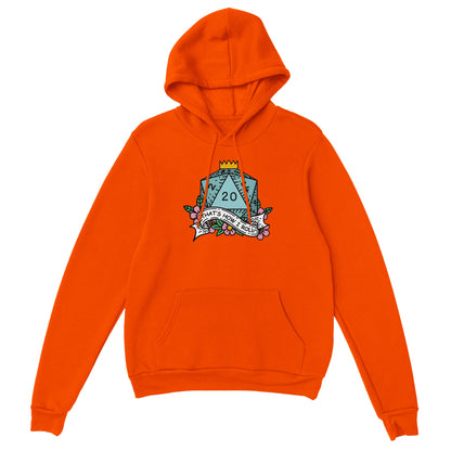 An orange D&D hoodie features a graphic of a twenty-sided die labeled "That's How I Roll" surrounded by floral elements.