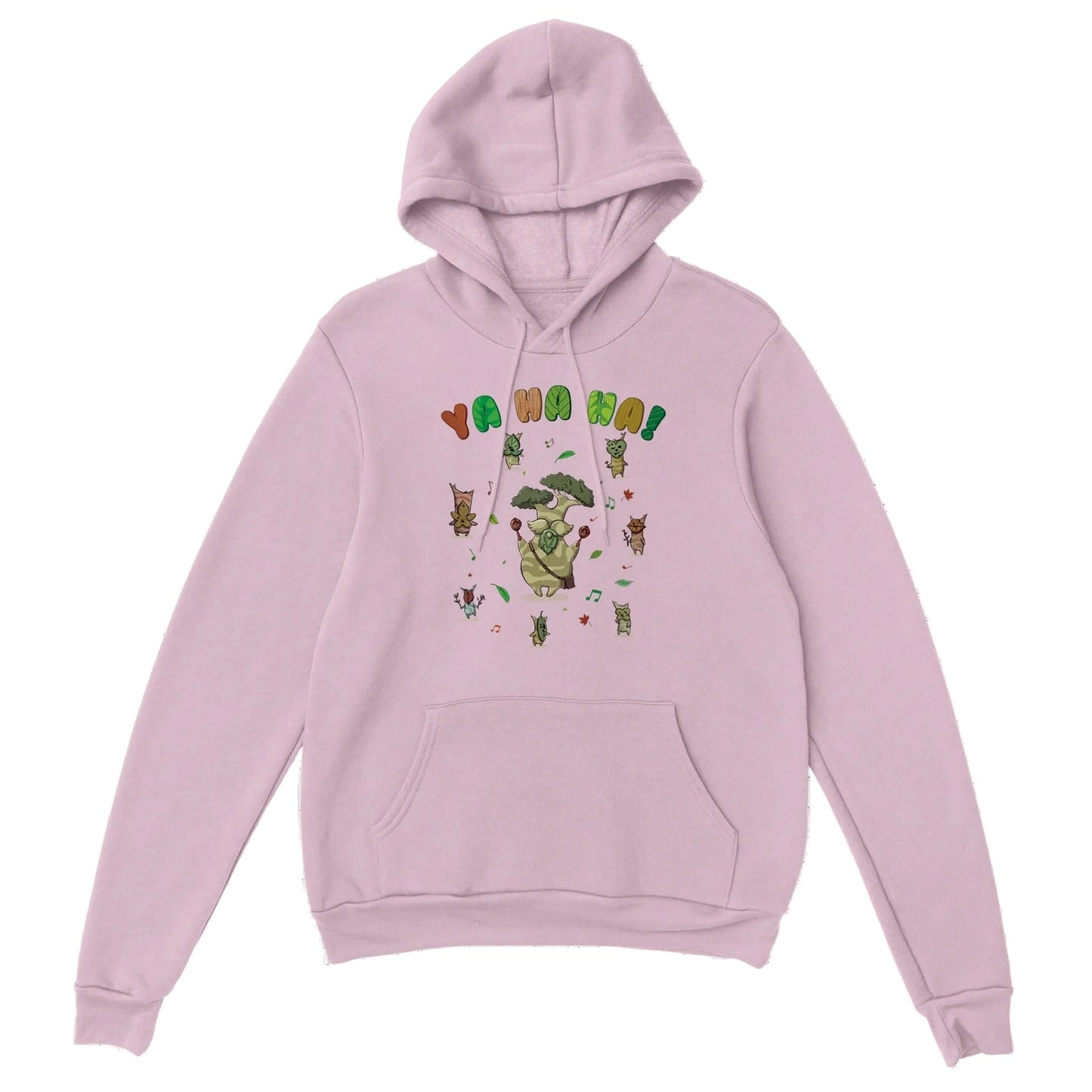 Pink Zelda hoodie with a colorful Hestu and Koroks graphic design on a white background