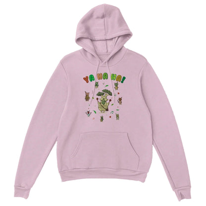 Pink Zelda hoodie with a colorful Hestu and Koroks graphic design on a white background