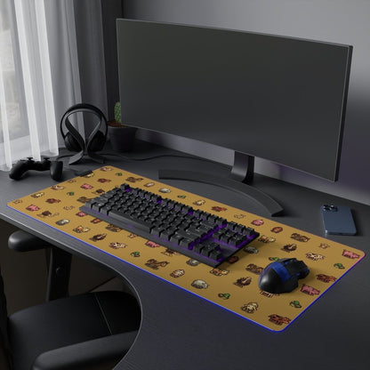 A rectangular desk mat featuring pixel art of animals from Stardew Valley sits on a black desk alongside a keyboard, mouse, and gaming accessories.