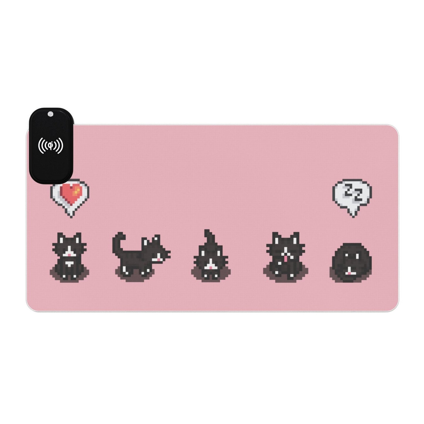 A pink gaming desk mat featuring pixelated tuxedo cats from Stardew Valley and an LED mouse.