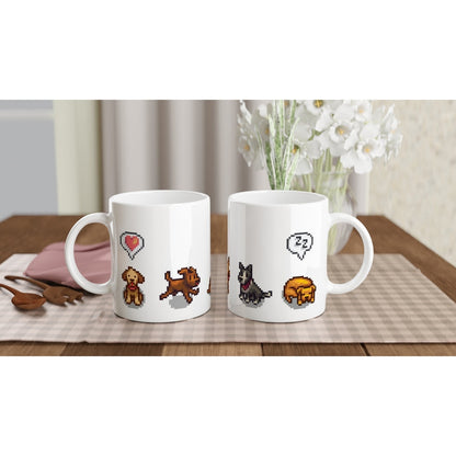 Two white mugs display pixel art of dogs and emotes from the Stardew Valley computer game.