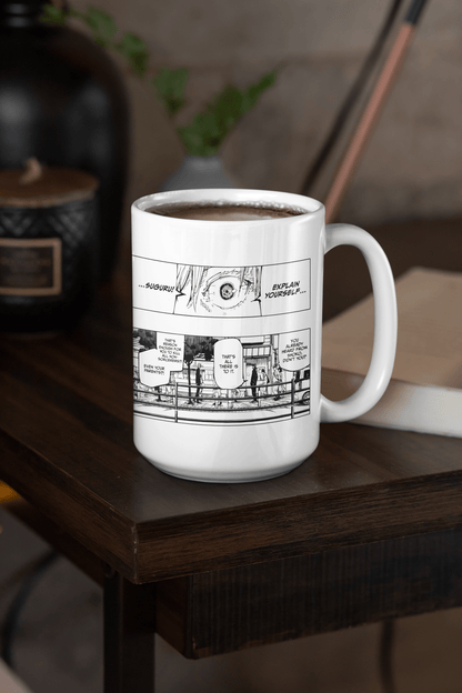 Large white mug with JJK 'Explain Yourself' manga panel on a wooden surface