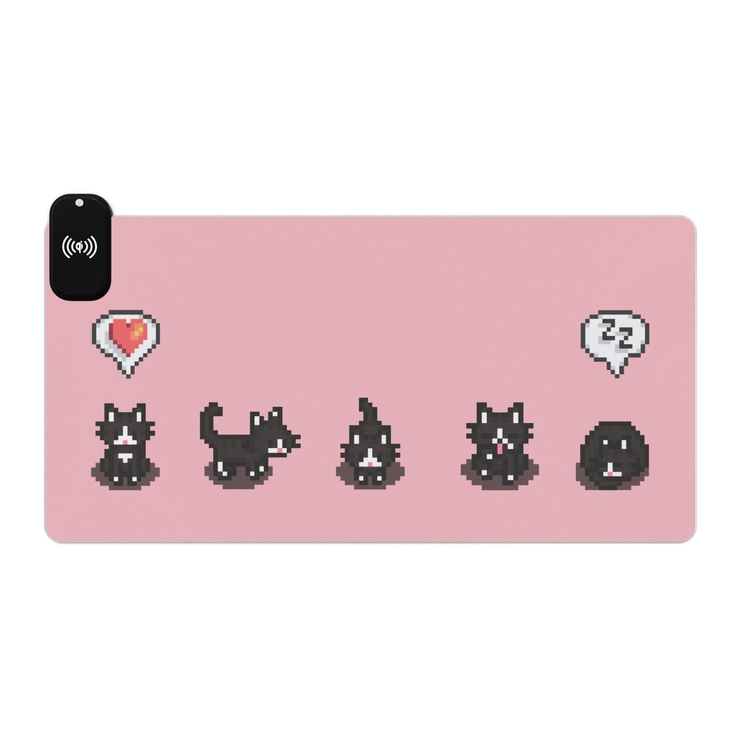A pink LED gaming desk mat featuring a row of pixelated tuxedo cats in a Stardew Valley style.