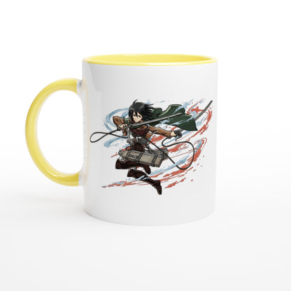 This Attack on Titan mug depicts Mikasa Ackerman from the anime series wielding her blades against a backdrop of red and blue brushstrokes.
