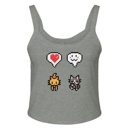 A gray Stardew Cats tank top displays pixel art icons of a heart, smiley face, flame, and cat.