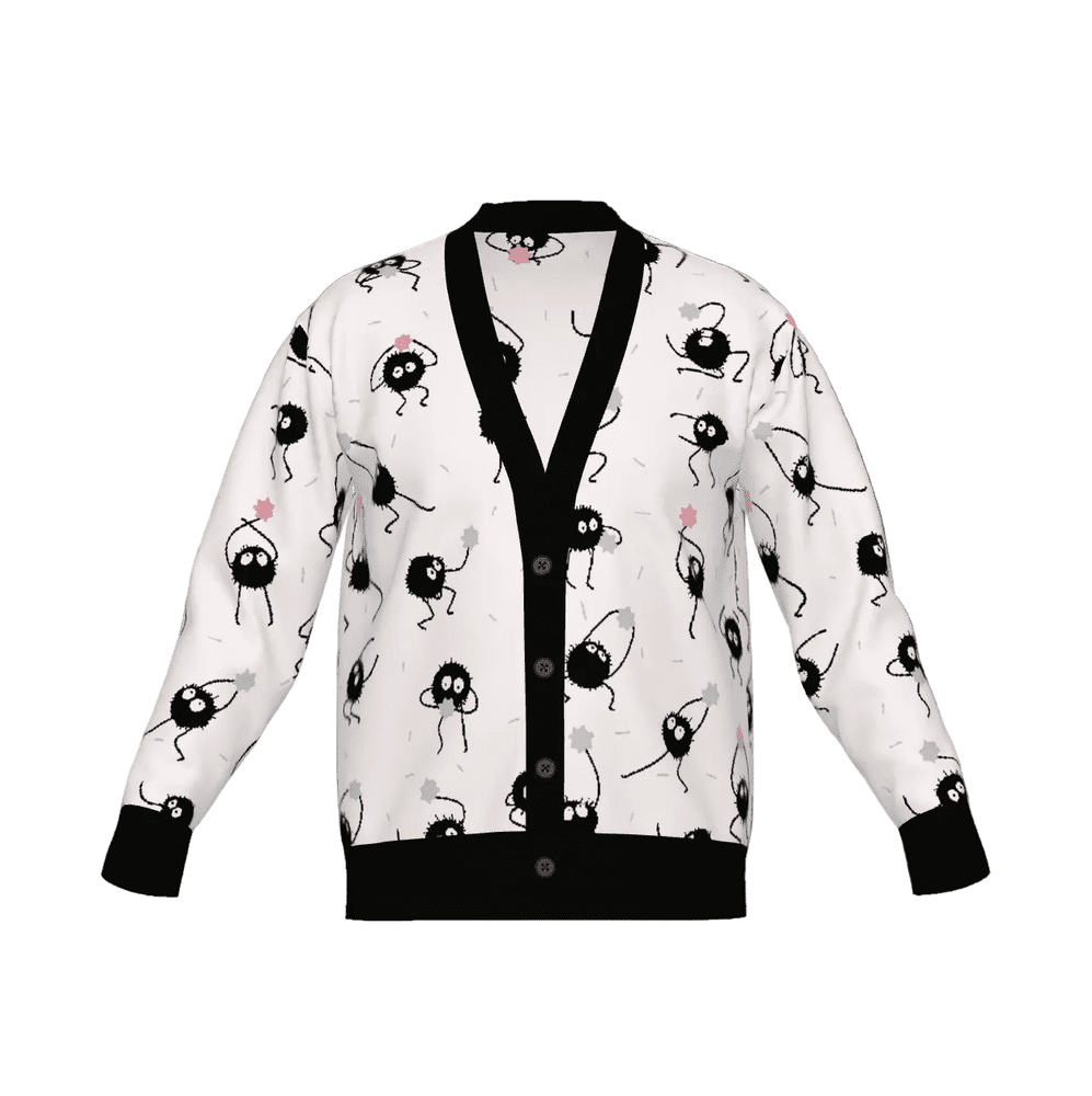 Spirited Away cardigan with Soot Sprites knitted pattern and black trim on a white background
