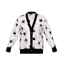 Spirited Away cardigan with Soot Sprites knitted pattern and black trim on a white background