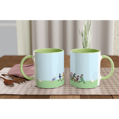 Two mugs with a double sided cartoon design of Untitled Goose chasing townsfolk outdoors