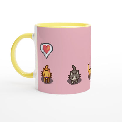 A white mug with a yellow handle and rim features pixelated graphics of ginger and tabby cats alongside emotes from the Stardew Valley video game.