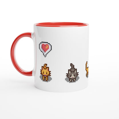 A white mug with a red handle and interior features pixelated graphics of Ginger and Tabby cats and emotes from the Stardew Valley video game.