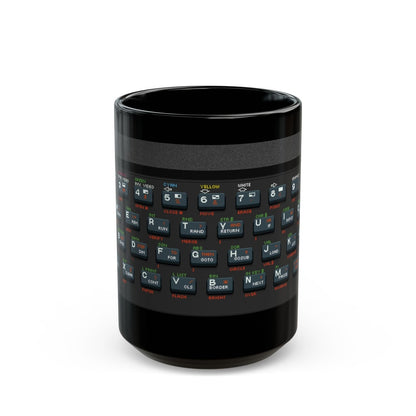 A black mug displays pixel art graphics resembling a Retro Spectrum keyboard layout.