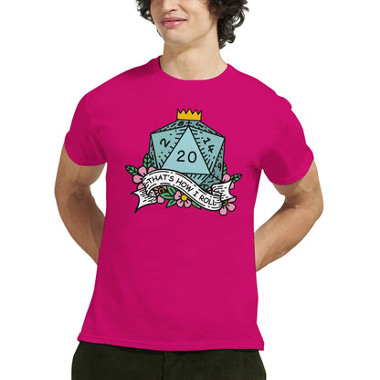 A man wearing a pink t-shirt displays a D20 die graphic with floral accents and the phrase "That's How I Roll" referencing Dungeons & Dragons.