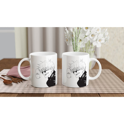 Two white ceramic mugs display a black and white manga panel of Satoru Gojo from Jujutsu Kaisen with the words "You Cryin'?" visible on the design.