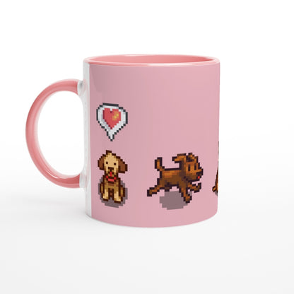 A pink mug features pixel art of dogs from Stardew Valley alongside a heart emote.