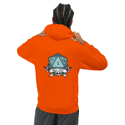 A person wearing an orange D&D hoodie displays a graphic of a D20 die with "Well Sh*t" printed below it on the back.