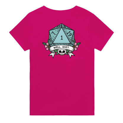 A pink t-shirt displays a D20 die graphic with floral accents and the words "Well, Shit" printed across it, referencing D&D critical fails.