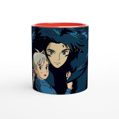This white mug features a Studio Ghibli-inspired design depicting Howl and Sophie from Howl's Moving Castle in a dark blue color scheme.