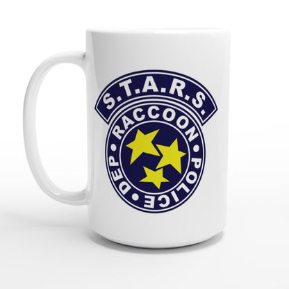Large white mug with S.T.A.R.S. Raccoon Police logo on a white background