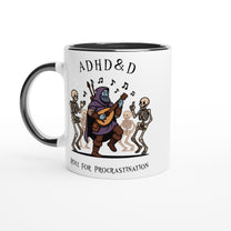 A white mug features a D&D bard playing music for dancing skeletons, with the words "ADHD & D" and "Roll For Procrastination" printed on it.