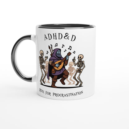 A white mug features a D&D bard playing music for dancing skeletons, with the words "ADHD & D" and "Roll For Procrastination" printed on it.