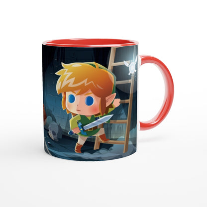 A ceramic mug depicts a chibi Link from The Legend of Zelda: Breath of the Wild and Tears of the Kingdom standing in a dungeon with a fairy nearby.