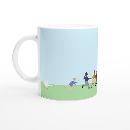 Mug with a cartoon design of Untitled Goose chasing townsfolk outdoors