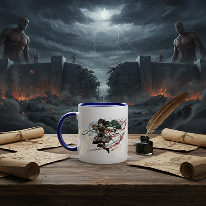 A ceramic mug featuring Mikasa Ackerman from the Attack on Titan anime series is displayed on a wooden surface alongside antique scrolls and an inkwell.