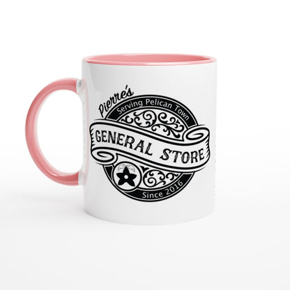 A white ceramic mug with a pink handle features a vintage-style logo for Pierre's General Store in Pelican Town from Stardew Valley.