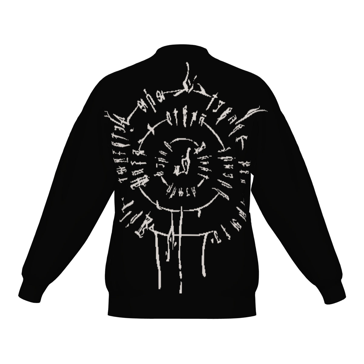 Back of the BG3 Astarion inspired infernal runes knitted bomber jacket in black with bone infernal runes
