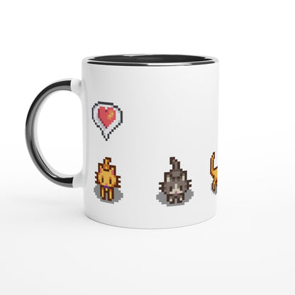 A white mug features pixelated graphics from Stardew Valley including a heart icon, ginger and tabby cats, and a lightning bolt.