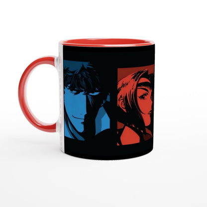 This Cowboy Bebop anime mug features colourful illustrations of two original series characters set within red and blue squares against a black background.