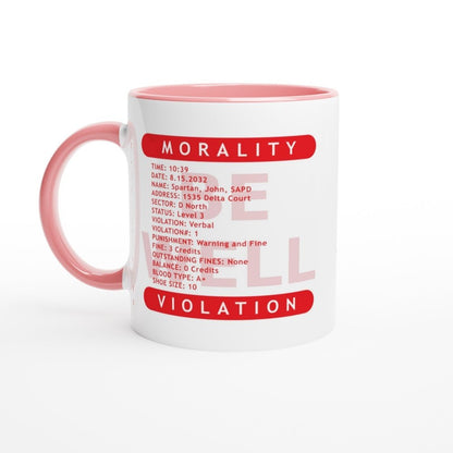 This white mug features a pink design resembling a "Morality Violation Ticket" from the movie Demolition Man, displaying details like time, name, and violation type.
