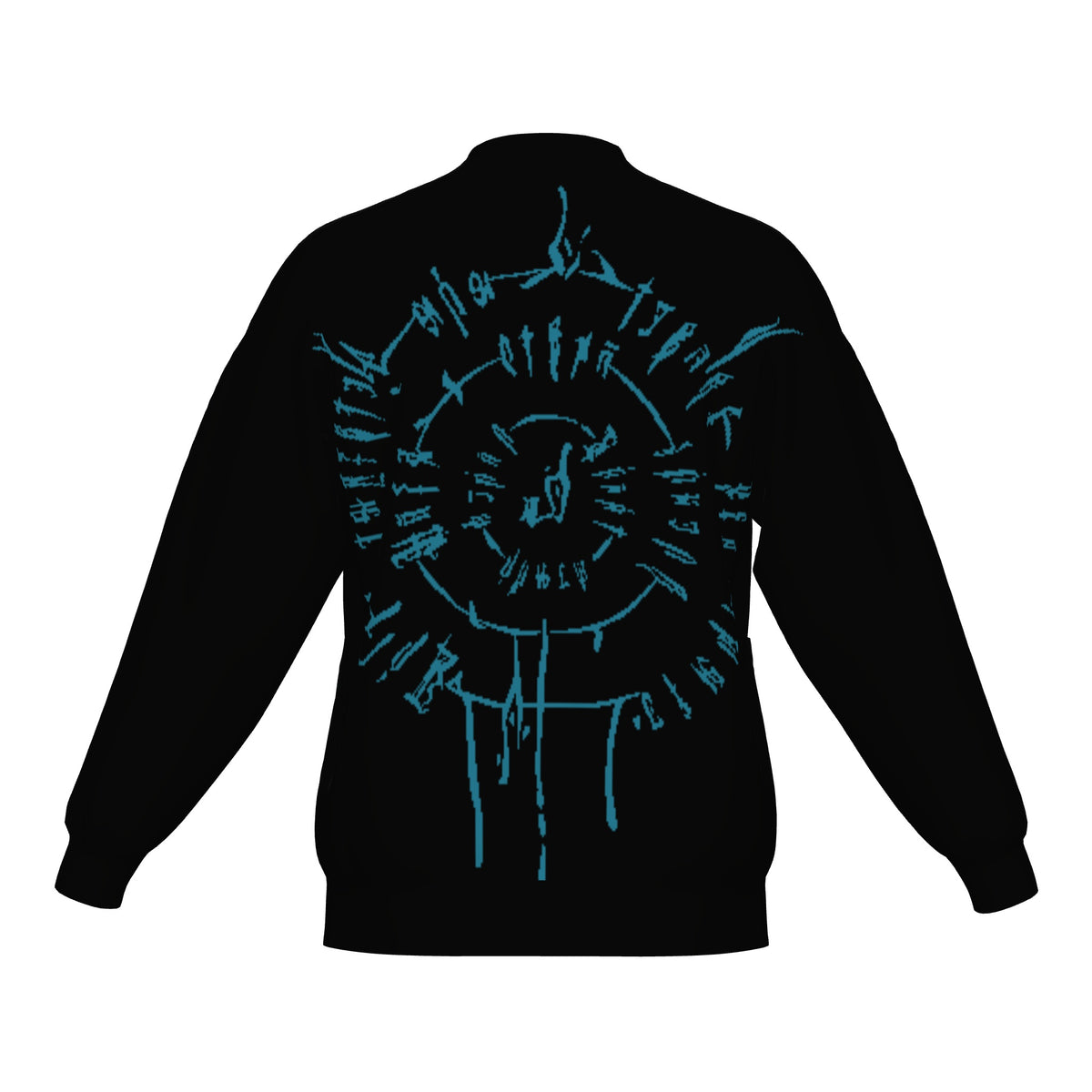 Back of the BG3 Astarion inspired infernal runes knitted bomber jacket in black with cyan infernal runes
