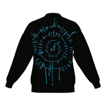Back of the BG3 Astarion inspired infernal runes knitted bomber jacket in black with cyan infernal runes