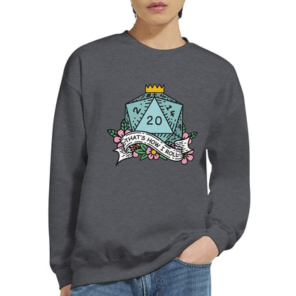A person wears a Gildan® 18000 crewneck sweatshirt featuring an illustrated D&D d20 die surrounded by flowers and the words "That's How I Roll.
