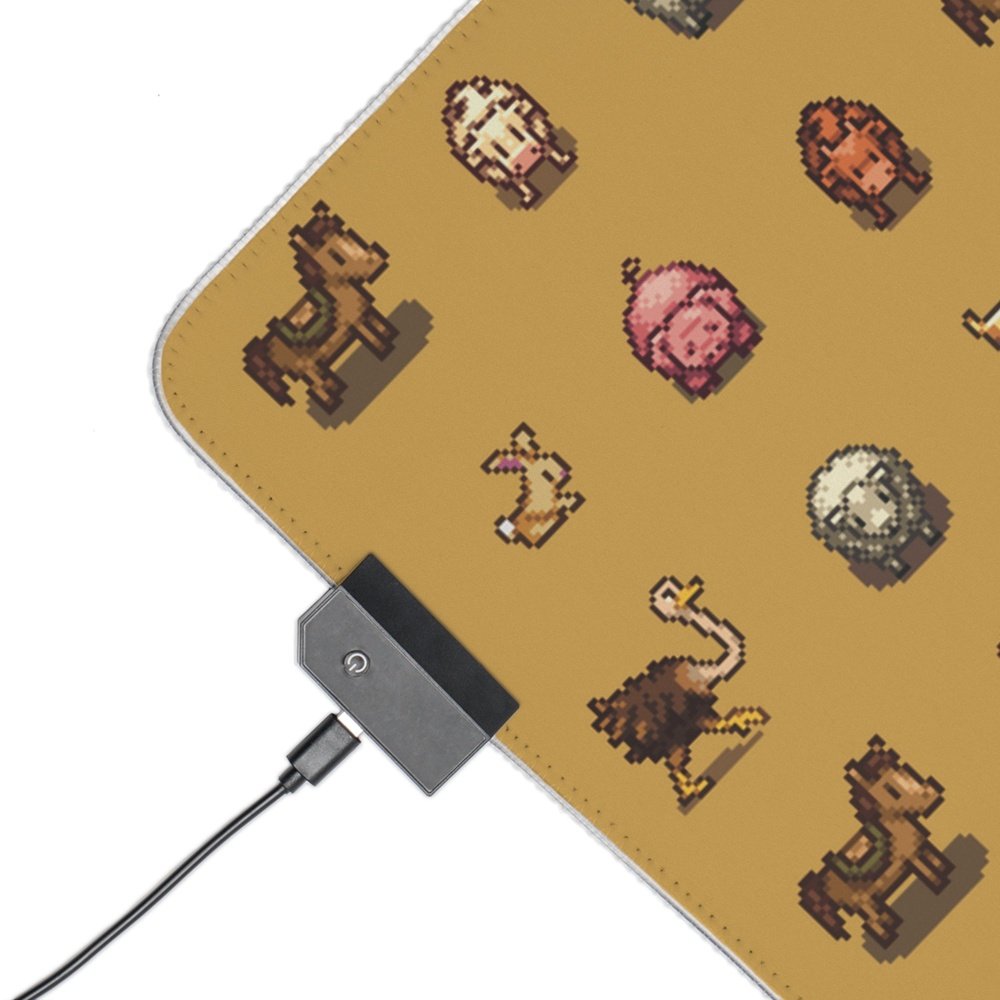 Stardew Valley Animals Desk Mat | Pixel Art on Yellow Background | LED Gaming Mouse Pad | Cosy Gaming | Desk Accessory