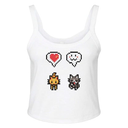 A white Stardew Cats tank top features pixel art designs of a heart, smiling face, farmer character, and cat.