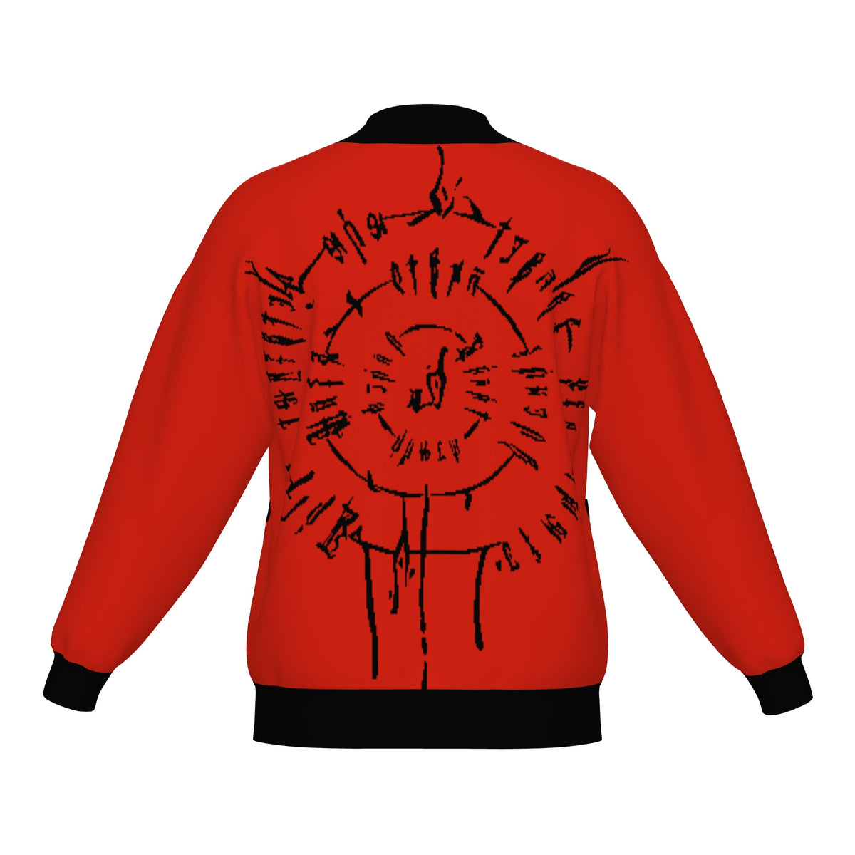 Back of the BG3 Astarion inspired infernal runes knitted bomber jacket in red with black trim and black rune circle
