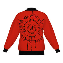 Back of the BG3 Astarion inspired infernal runes knitted bomber jacket in red with black trim and black rune circle