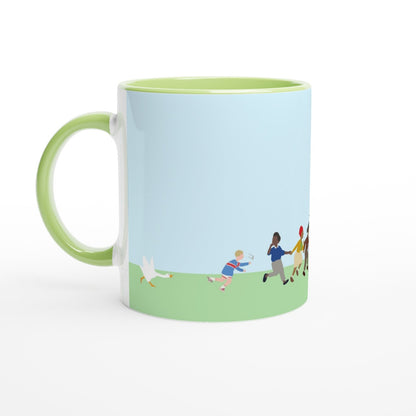 Mug with a green handle and cartoon design of Untitled Goose chasing townsfolk outdoors