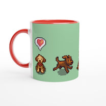 A white mug features pixel art of three dogs from Stardew Valley, including a heart emote above them.