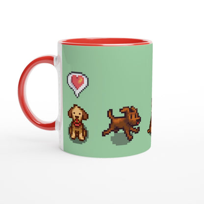 A white mug features pixel art of three dogs from Stardew Valley, including a heart emote above them.