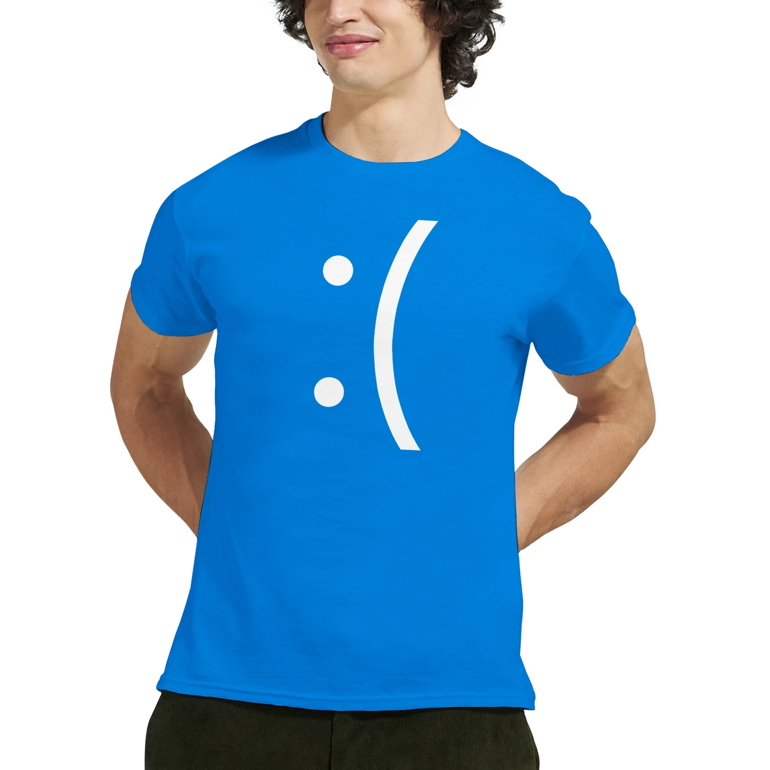 A man wearing a blue Gildan® 5000 t-shirt displays a white sad face emoticon graphic on the front.
