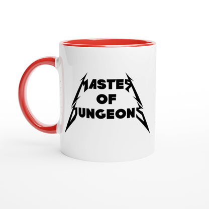 A white mug with a red handle and rim features "Master of Dungeons" text in a Metallica-inspired font alongside lightning bolt graphics.