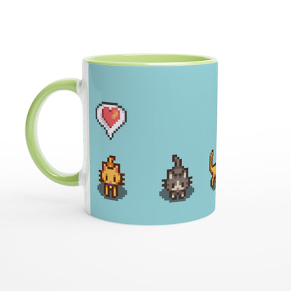 A white mug features pixelated graphics of Ginger and Tabby cats and emotes from the Stardew Valley computer game.